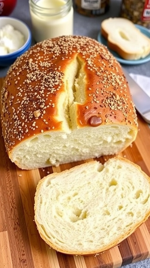 A loaf of Everything Bagel Sourdough Bread with a golden crust and everything seasoning, sliced on a wooden board.